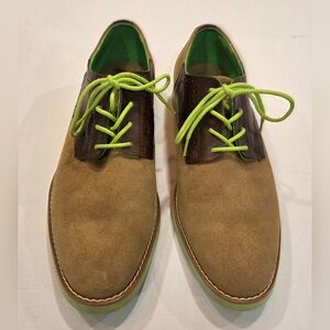 Stylish Men's Tan and Brown Suede Oxfords with Green Laces
